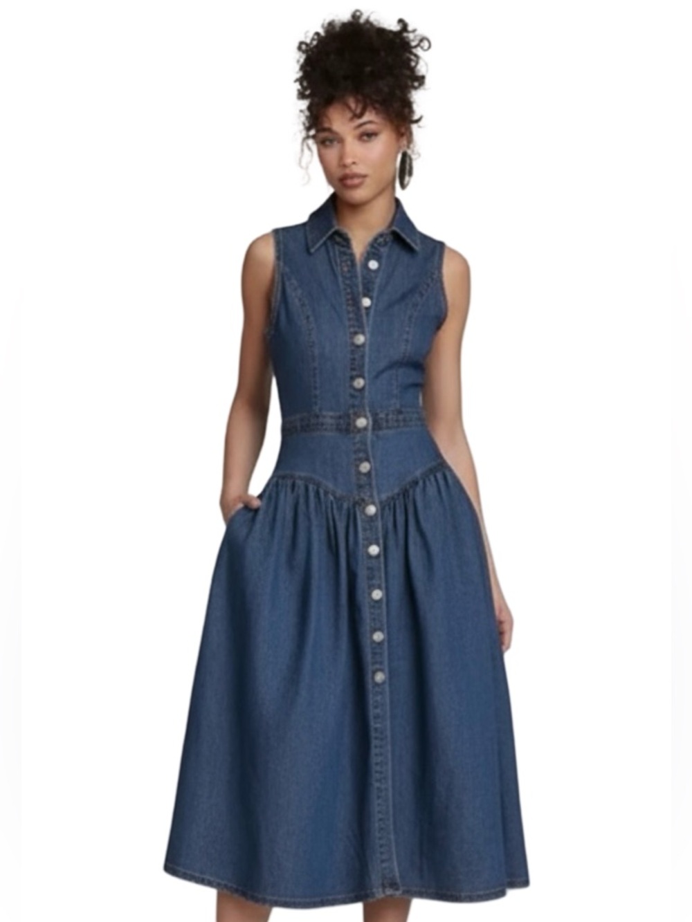 Sleeveless Dark Blue Denim Button-Front Midi Dress